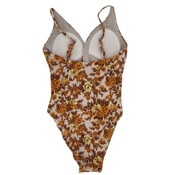 Jonathan Simkhai Ingrid Deep V One Piece Swimsuit 70s Floral Brown Orange XS New - Picture 6 of 14